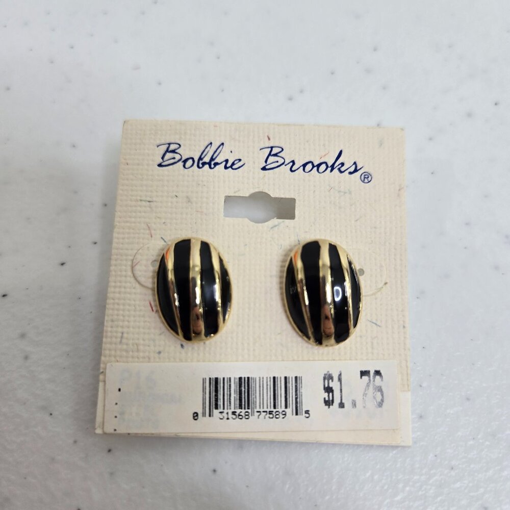 Bobbie Brooks Earrings New Vintage Black Gold Tone Stripe 90s 80s Stud Pierced